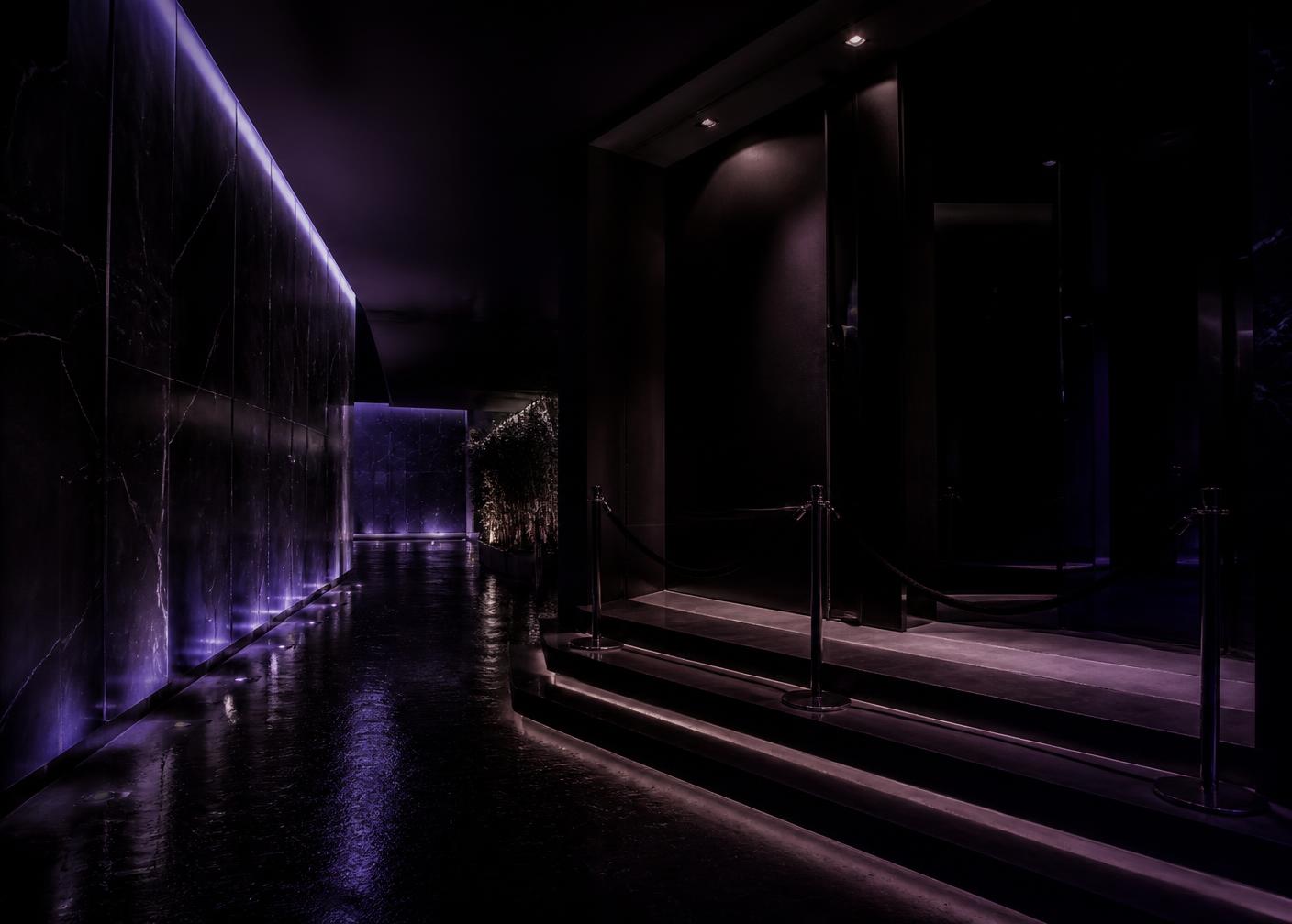Entrance of a modern nightlife venue at night
